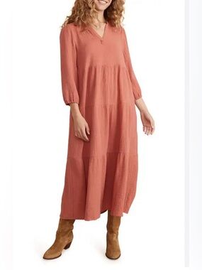 Marine Layer Annabella Gauze Midi Dress Tiered Long Sleeve Cotton Size XS